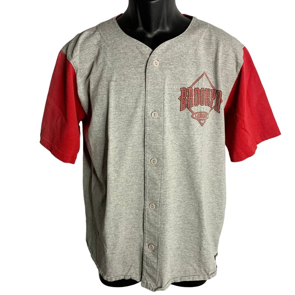 Vintage Brooklyn League Jersey Style Shirt XL Grey Button Up Short Sleeve V Neck